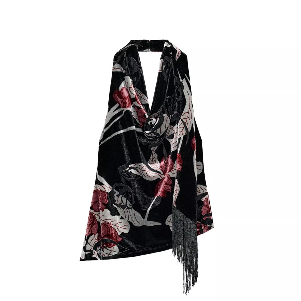 Zara floral velvet fringe halter top